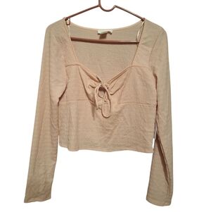 KIRIOUS Los Angeles Crepe Pale Keyhole Boho Cropped LS Summery Blouse XL NWT